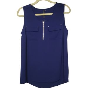 Chic Navy Sleeveless Blouse with Zip Detail & Pockets – Size M